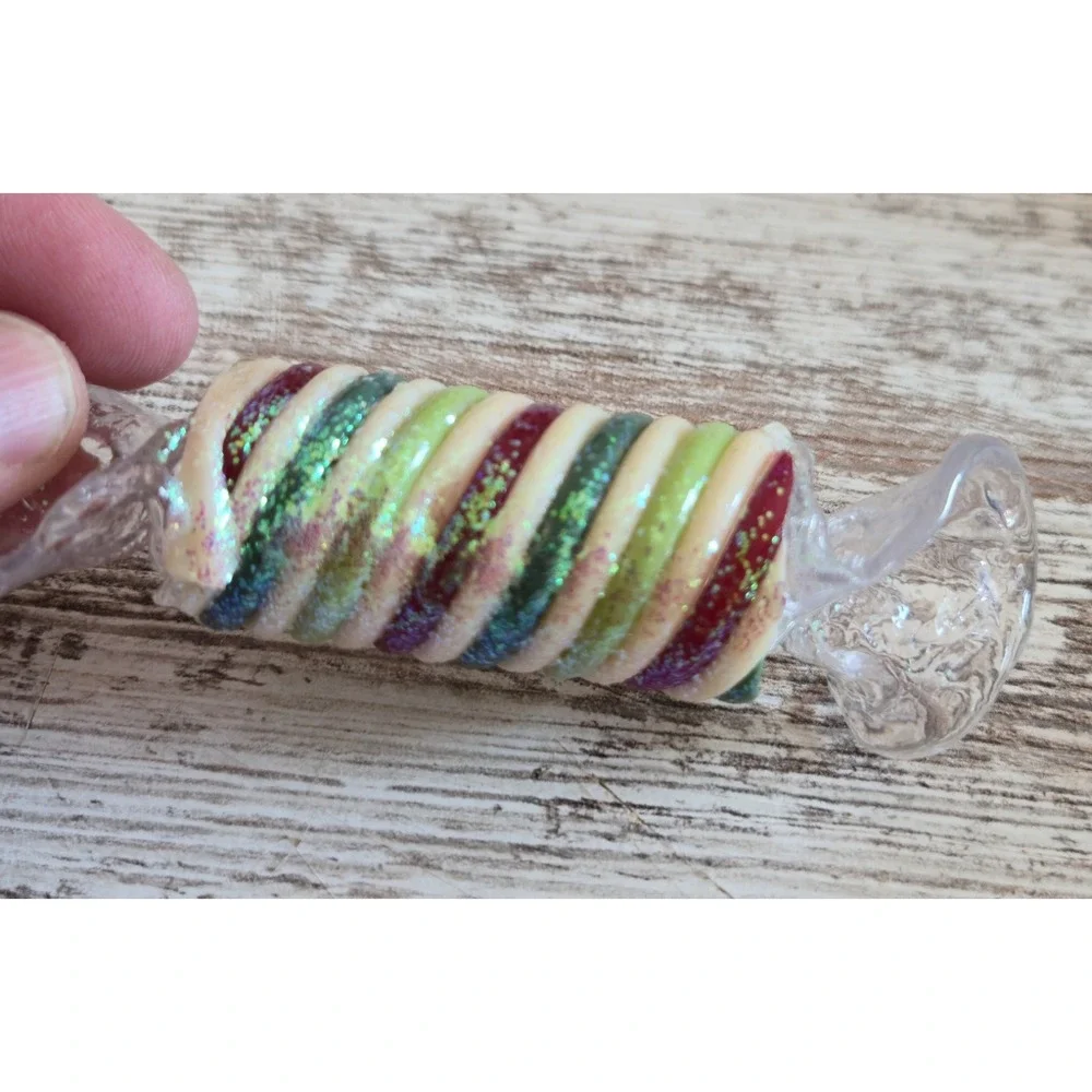 Vintage Glass Ribbon Candy Christmas Ornament Hand-Painted Glitter Blown Glass